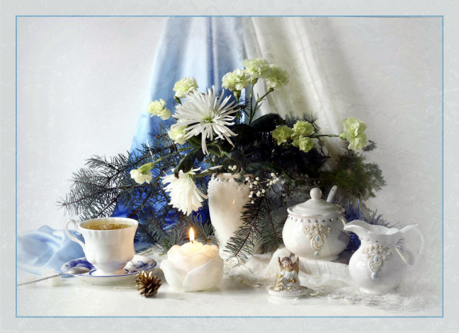 Обои картинки фото еда, натюрморт, цветы, свечи, чай