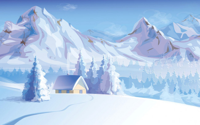 Обои картинки фото векторная графика, природа , nature, горы, пейзаж, вектор, деревья, зима, природа, снег, дом