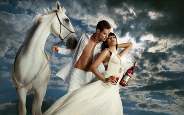 обоя разное, мужчина женщина, пара, лошадь, облака, бутылка, бокал
