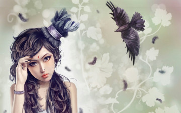 Картинка фэнтези девушки перья ворон
