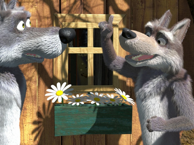 Обои картинки фото мультфильмы, маша, медведь, волки, ромашки, окно