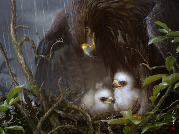 Обои картинки фото рисованные, животные, птицы, орлы, орёл, птенцы, дождь