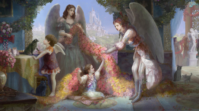 Обои картинки фото фэнтези, ангелы, цветы, кошки, дети
