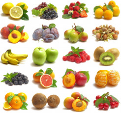 обоя еда, разное, орехи, разрез, продукты, белый, фон, фрукты, ягоды, коллаж, бананы, яблоки, малина, персики, слива, груши, киви, апельсины, клубника, виноград, лимон