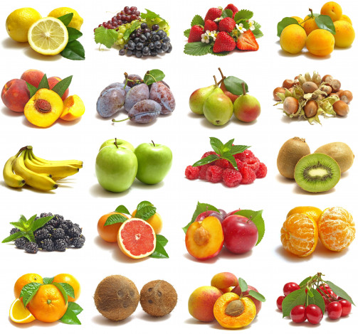 Обои картинки фото еда, разное, орехи, разрез, продукты, белый, фон, фрукты, ягоды, коллаж, бананы, яблоки, малина, персики, слива, груши, киви, апельсины, клубника, виноград, лимон