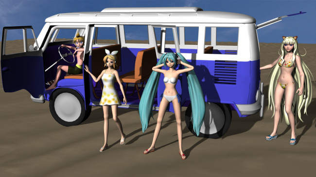 Обои картинки фото 3д, графика, anime, аниме, автобус, девушки