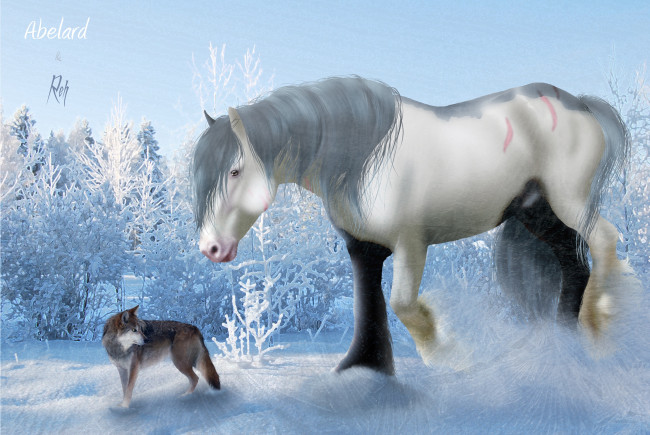 Обои картинки фото рисованные, животные, лошади, зима, волк, лошадь, снег