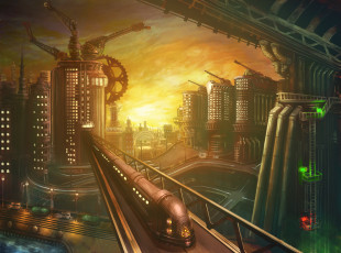 Картинка фэнтези иные+миры +иные+времена мегаполис поезд здания мир будущее иной