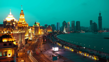 Картинка шанхай+китай города шанхай+ китай дома огни ночь набережная мегаполис река шанхай