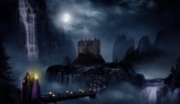 Картинка фэнтези фотоарт фонарь водопад замок