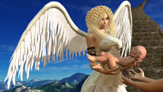 Обои картинки фото tipsy angel, 3д графика, anime , аниме, ангел, крылья, лестница, младенец