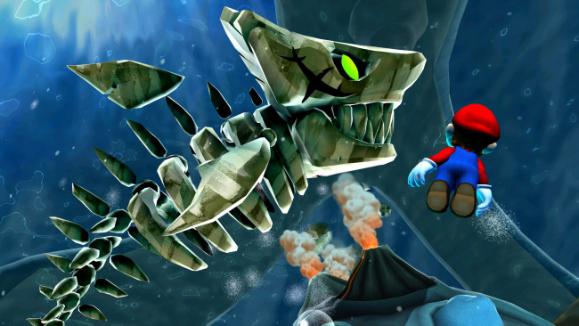 Обои картинки фото видео игры, super mario galaxy, супермарио, скелет, рыба, вода, вулканы, пузыри