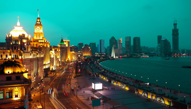 Обои картинки фото шанхай китай, города, шанхай , китай, дома, огни, ночь, набережная, мегаполис, река, шанхай