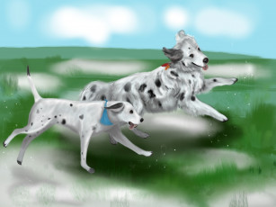 Картинка рисованное животные +собаки собаки трава