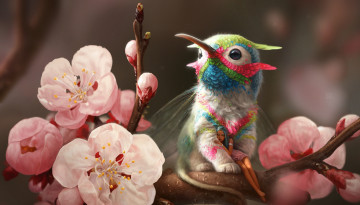 Картинка фэнтези существа ветка арт лепестки цветы птица фантазия фея