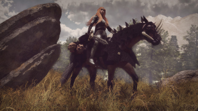 Обои картинки фото 3д графика, амазонки , amazon, оружие, фон, девушка, взгляд, лошадь