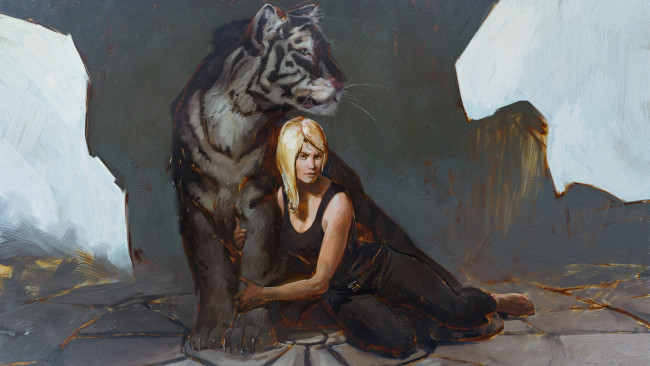 Обои картинки фото рисованное, люди, тигр, девушка, арт, блондинка, взгляд