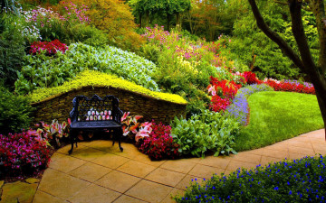 Картинка природа парк скамейка тихий уголок клумбы цветы