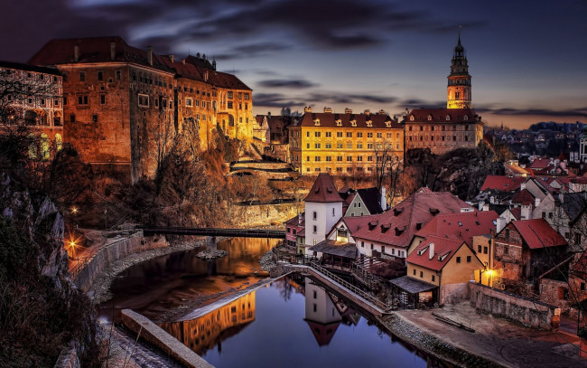 Обои картинки фото города, Чески-крумлов , Чехия, вечер, мост, река