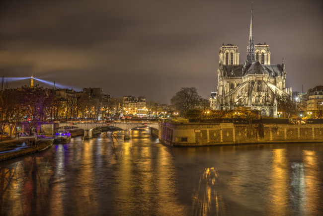 Обои картинки фото notre dame, города, париж , франция, собор, река, ночь
