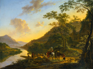 Картинка рисованное живопись итальянский пейзаж с паромной переправой Ян бот картина река горы