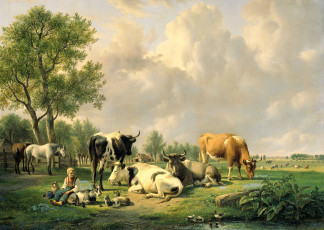 Картинка рисованное живопись животные масло картина холст jan van ravenswaay луг с крупным рогатым скотом