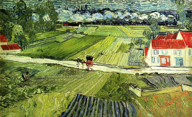 Обои картинки фото пейзаж в овере после дождя, рисованное, vincent van gogh, дома, поля, винсент, ван, гог, повозка