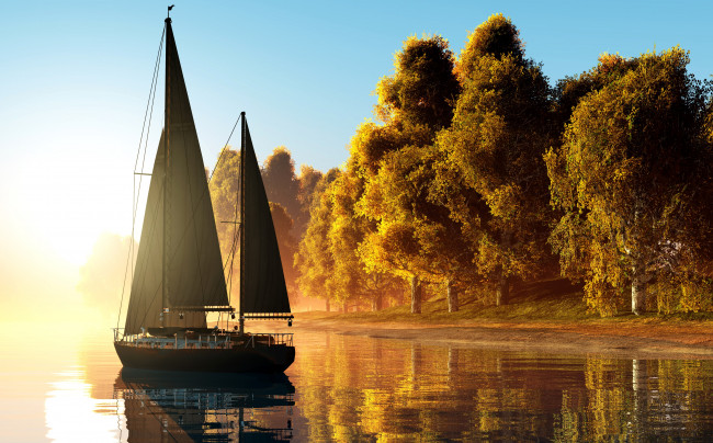 Обои картинки фото корабли, 3d, утро, графика, берег, рассвет, паруса, яхта, желтые, солнце, деревья, осень, река, туман