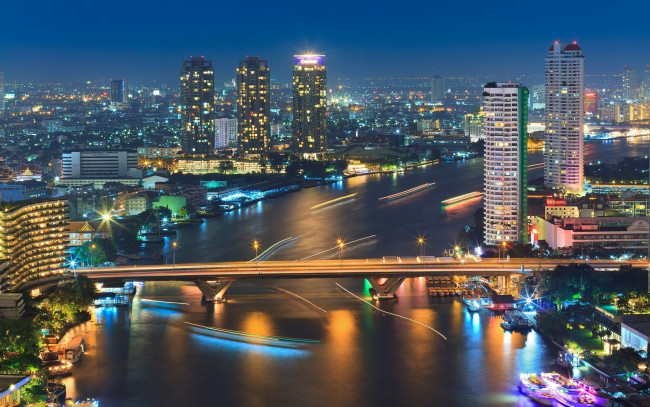 Обои картинки фото города, бангкок , таиланд, мост, город, огни, река