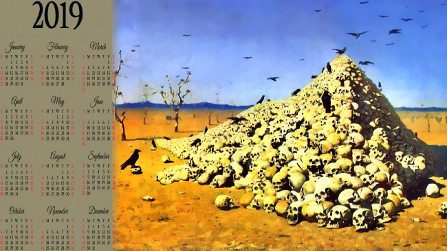 Обои картинки фото календари, фэнтези, череп, птица, холм