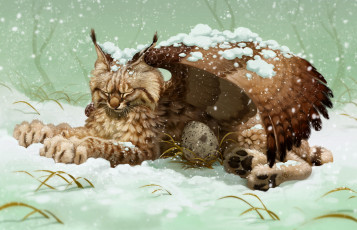 Картинка фэнтези существа рысь фон крыло яйцо снег