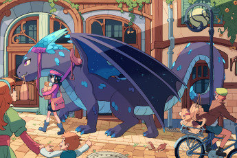 Картинка аниме животные +существа дракон люди улица
