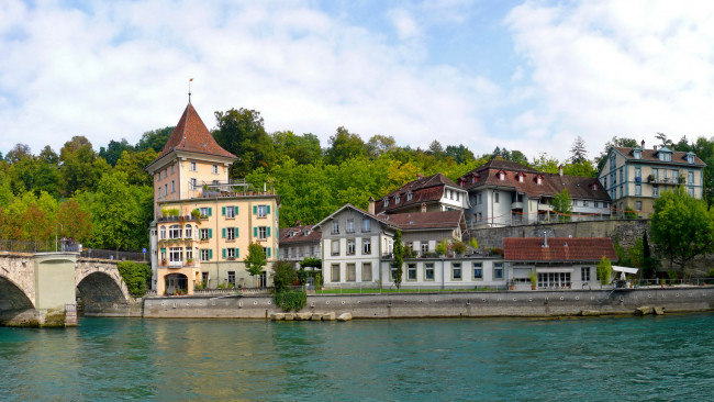 Обои картинки фото швейцария, берн, города, река, набережная, мост, дома