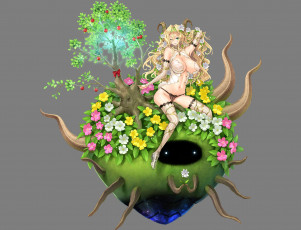 Картинка аниме животные +существа глаза чулки свет кольцо корни земля дерево бант яблоки нимфа нижнее белье цветы растения девушка рога