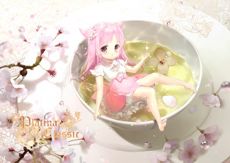 Картинка аниме unknown +другое капли роса весна цветы вишня сакура чай плошка девочка арт siloteddy