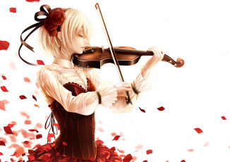 Картинка аниме музыка bouno satoshi девушка цветы розы лепестки скрипка арт белый фон