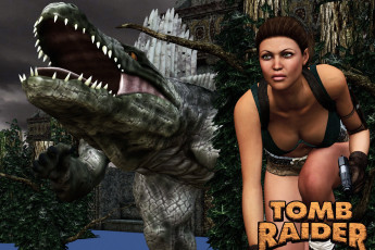 обоя видео игры, tomb raider 2013, фон, взгляд, девушка, динозавр, оружие