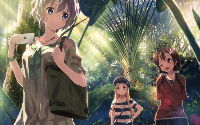 Обои картинки фото аниме, unknown,  другое, оранжерея, девушки, тропические, растения, телефон, арт, yuuki, tatsuya