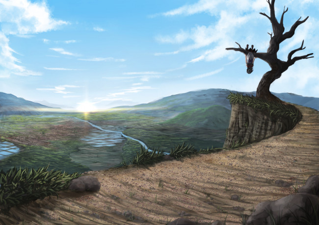 Обои картинки фото аниме, touhou, пейзаж, восход, солнце, небо, дерево, девушка, долина, панорама, горы, река, трава, арт, tagme, artist, kijin, seija