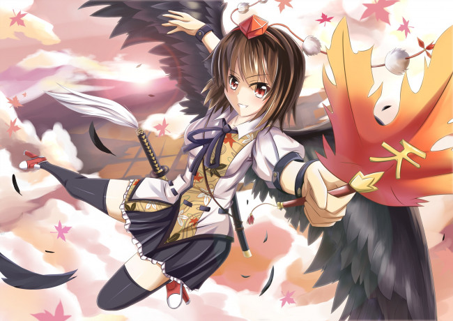 Обои картинки фото аниме, touhou, девушка, арт, листья, shameimaru, aya, nugi, armenci, крылья
