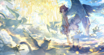 Картинка аниме ангелы +демоны арт observerz девушка крылья ангел животные небо облака лестница храм свет кот