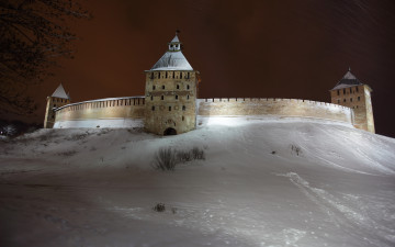 Картинка города -+дворцы +замки +крепости великий новгород стена крепость снег зима вечер