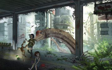 Картинка аниме животные +существа динозавры девочки