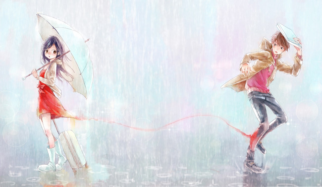 Обои картинки фото аниме, unknown,  другое, парень, девочка, дождь