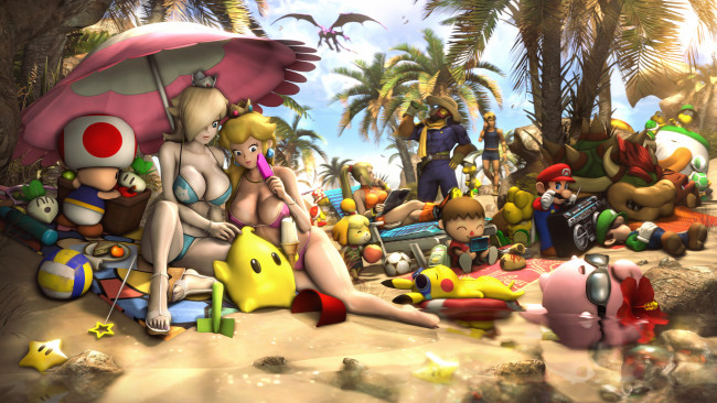 Обои картинки фото видео игры, super mario 3d world, зонт, игрушки, пляж, девушки