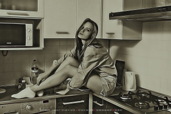 Картинка календари компьютерный+дизайн женщина сидеть calendar кухня 2019 посуда техника мебель девушка взгляд