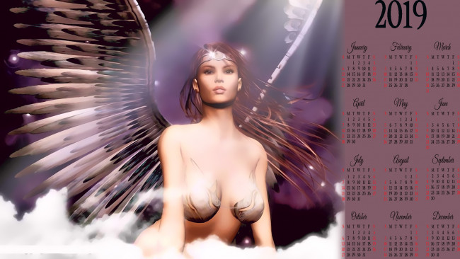 Обои картинки фото календари, фэнтези, женщина, девушка, крылья, calendar, 2019