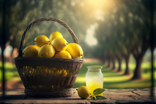 Обои картинки фото еда, цитрусы, корзинка, лимоны