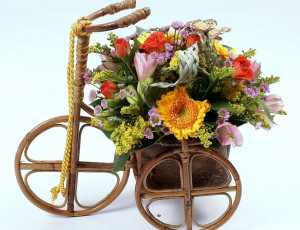 Картинка цветы букеты композиции велосипед розы гербера хризантемы