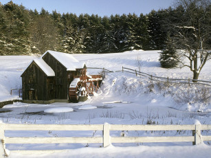 Картинка разное мельницы мельница забор лес снег